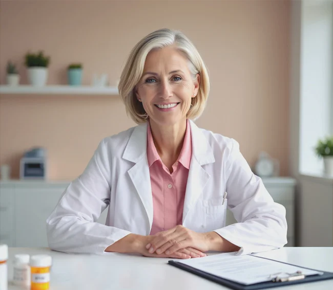 Женщина-доктор сидит за столом